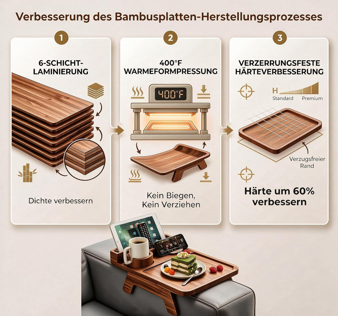 Bambus Sofa Armlehnentablett mit Getränkehalter &amp; Anti-Rutsch-Pad für Couch (Tiefgekohlte Bambusplat