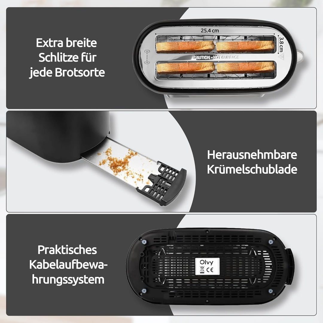 Olvy T-40T Toaster mit langen Schlitzen – 1500 W, LCD-Touch-Display mit Timer, 6 Bräunungsstufen, Au