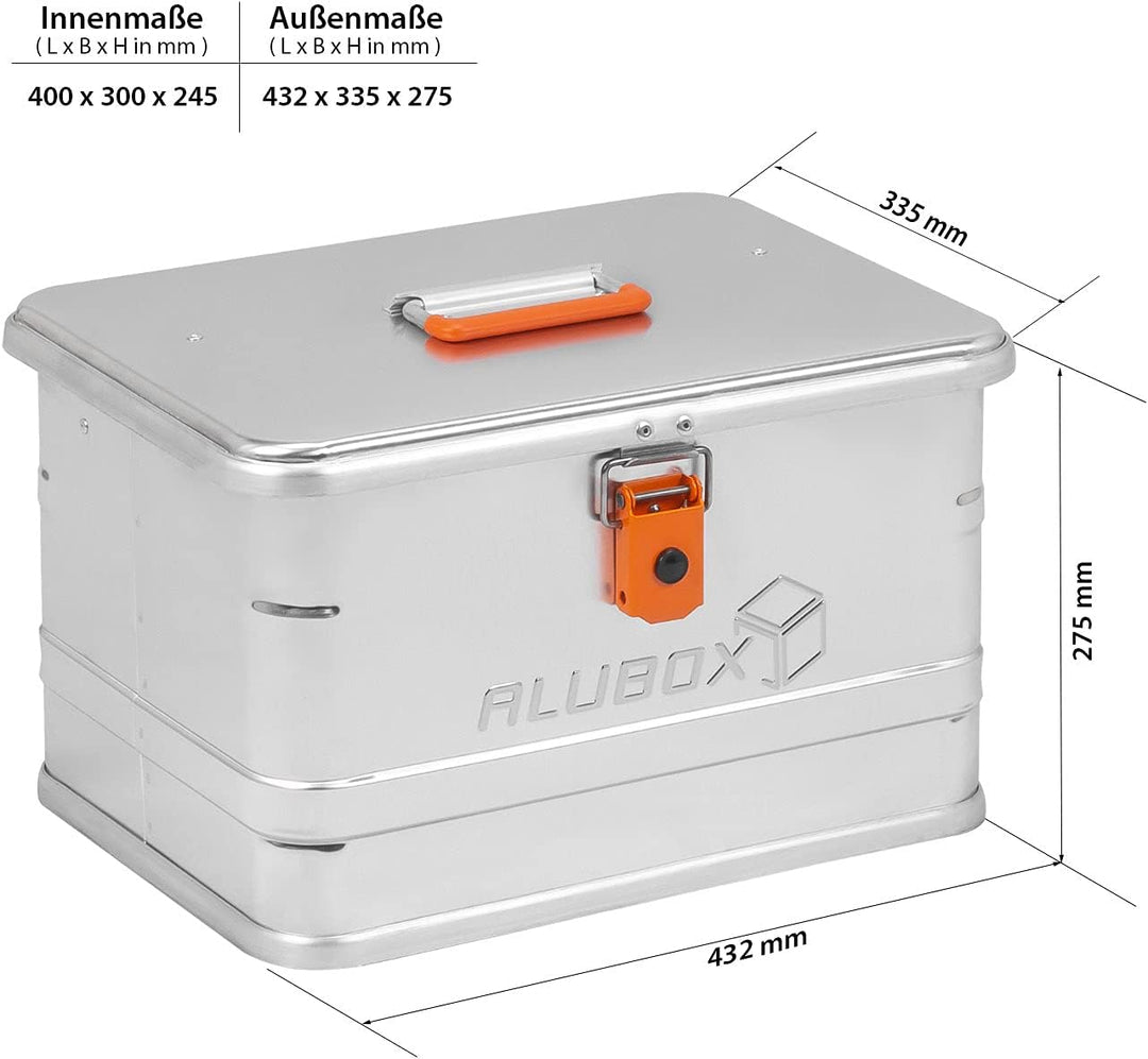 Alubox® Aluminiumbox 29 Liter Alukiste mit Deckel, extra stabiles 1 mm Aluminiumblech, Aussenmasse (
