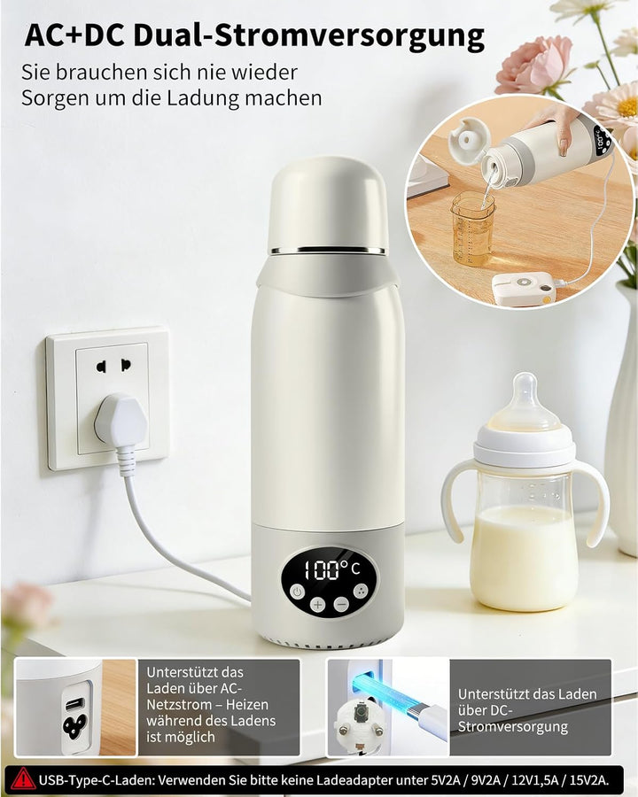 2-in-1 Reisewasserkocher &amp; Tragbarer Babyflaschenwärmer mit 500 ml, 12000 mAh Akku, 37–100 °C Präzis