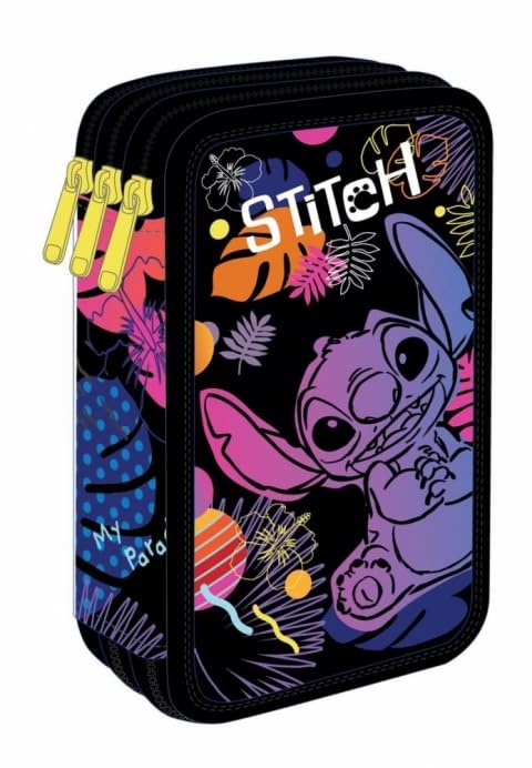 CoolPack Disney Stitch Federmäppchen Jumper 3 – gefülltes Etui mit 3 Fächern – 46-teilig – Schwarz m