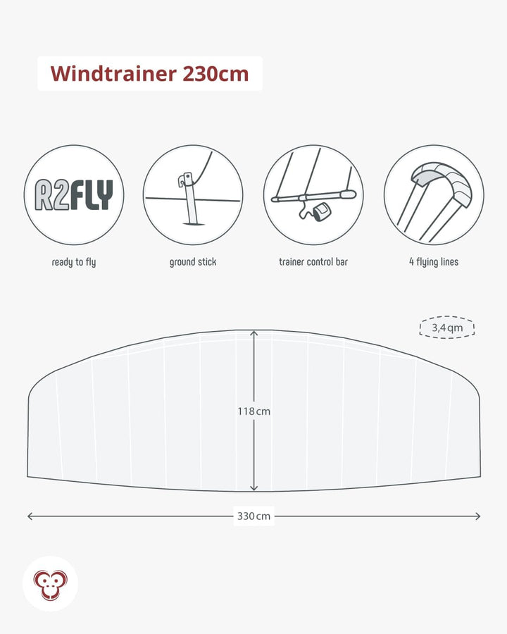 Skymonkey Windtrainer, Trainer-Kite / 4-Leiner Lenkmatte inkl. Trainerbar, Ready 2 Fly, mit 230 cm o