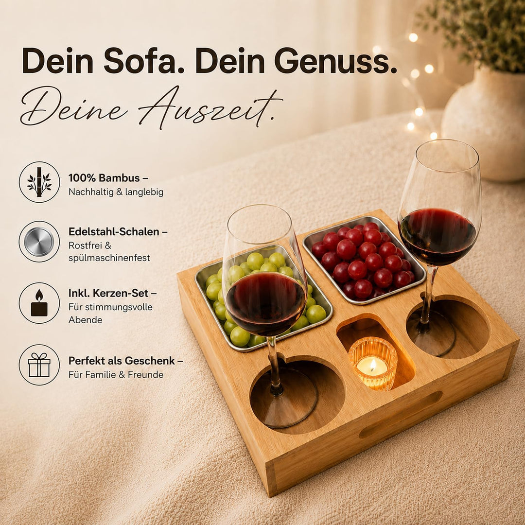 Couchbar aus Bambus mit Kerzenhalter &amp; Weinglas-Aussparung – Sofa Organizer mit 2 Edelstahlschalen,