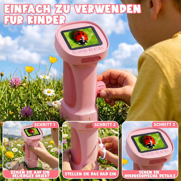 Mikroskop für Kinder 1000X mit Bildschirm, Foto, Videofunktion Rosa, Rosa