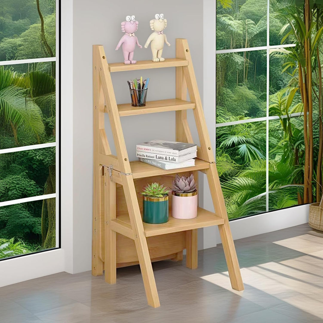 3-in-1 Holz Tritthocker Klappbar, 4 Stufen Leiterstuhl Multifunktionaler Klapptritt als Hocker &amp; Lei