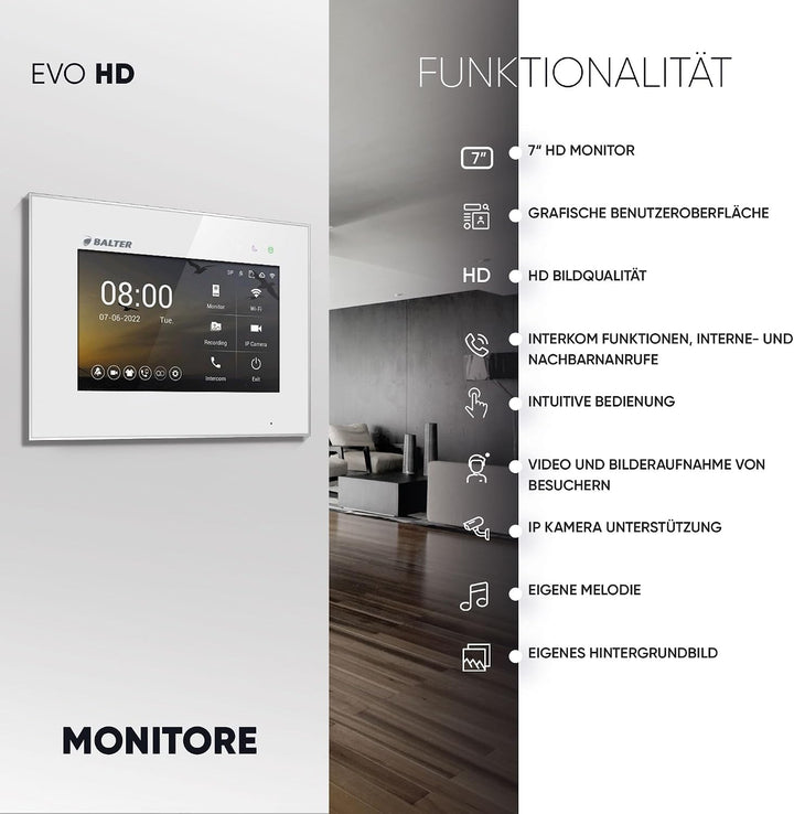 Balter EVO-HD Video Türsprechanlage mit Fingerprint, Video Türklingel, 4 Familienhaus, 3X 7 Zoll Mon
