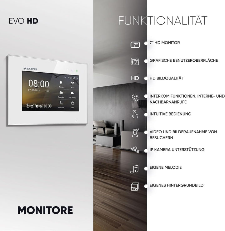 Balter EVO-HD Video Türsprechanlage mit Fingerprint, Video Türklingel, 4 Familienhaus, 3X 7 Zoll Mon