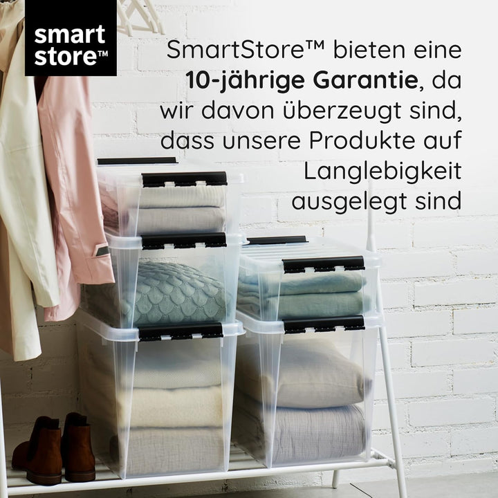 SmartStore Aufbewahrungsboxen mit Deckel, 31 l, transparent, 4er-Pack, verstärkt, 10 Jahre Garantie,