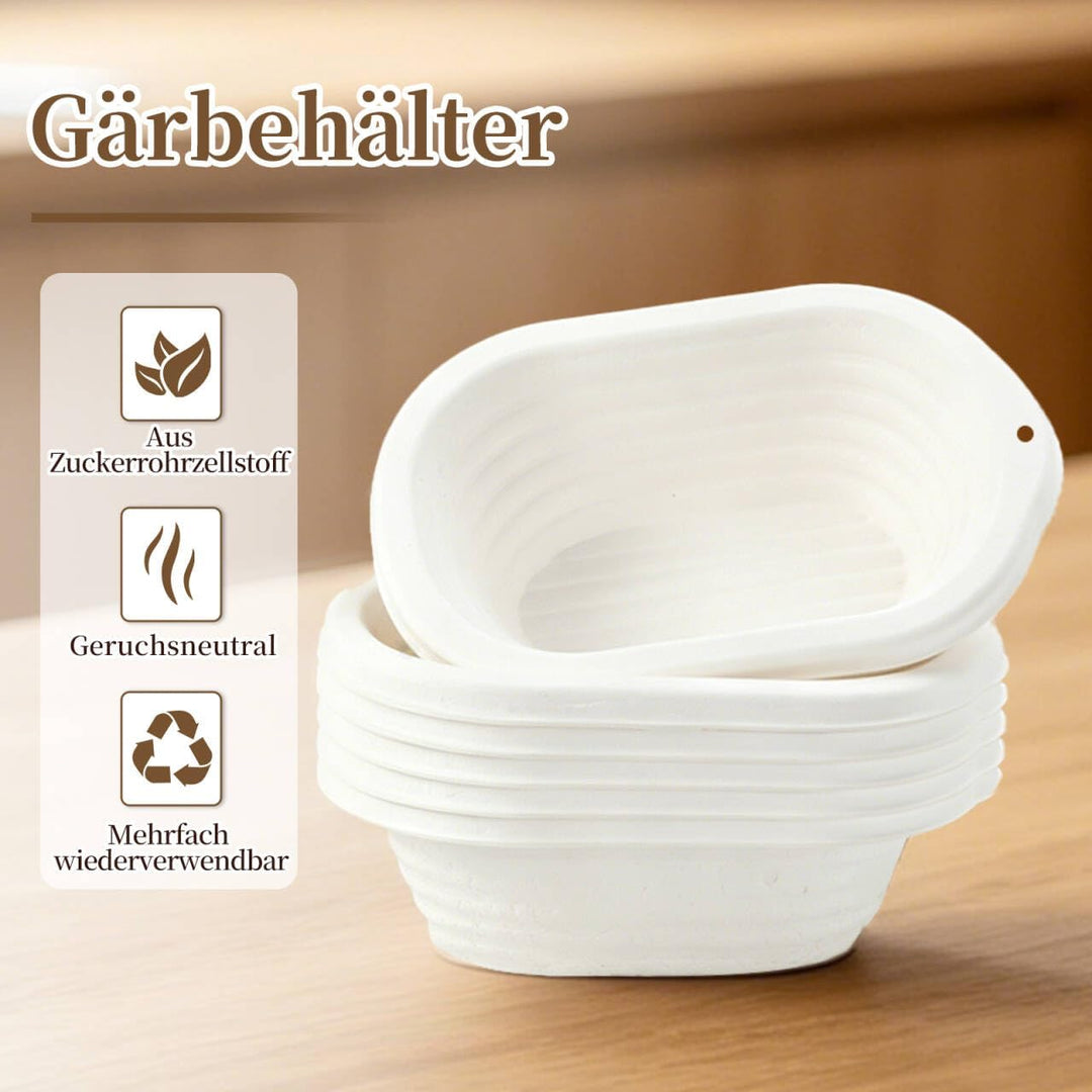 6er-Set Ovaler Gärkorb aus Zellstoff 23 x 14 cm mit 6 Leinen-Einlegern – Sauerteig-Brotbackform für