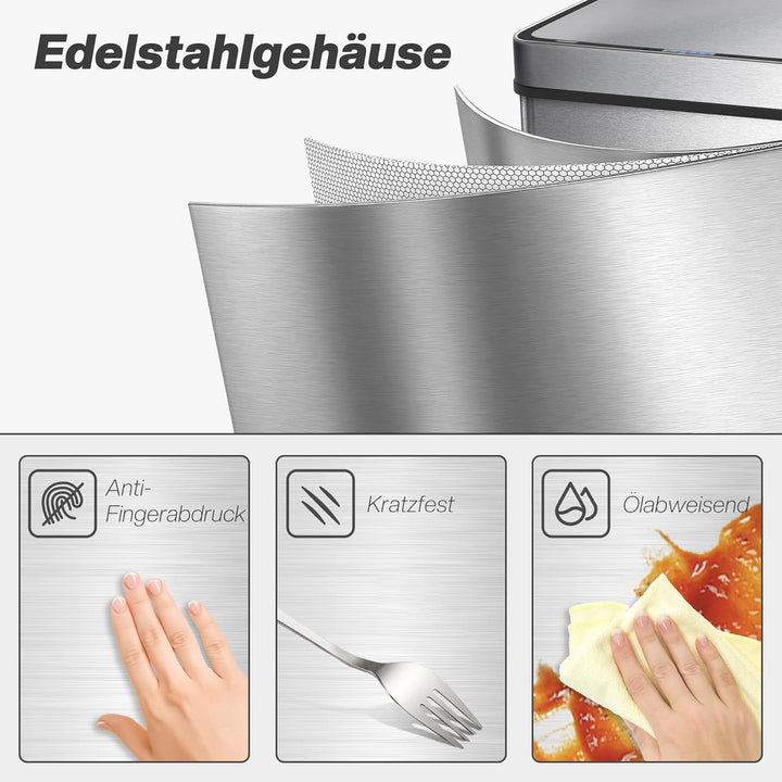 HOMCOM Mülleimer mit Sensor 50L Edelstahl Leiser Automatischer Abfalleimer mit Soft-Close-Deckel, Fi