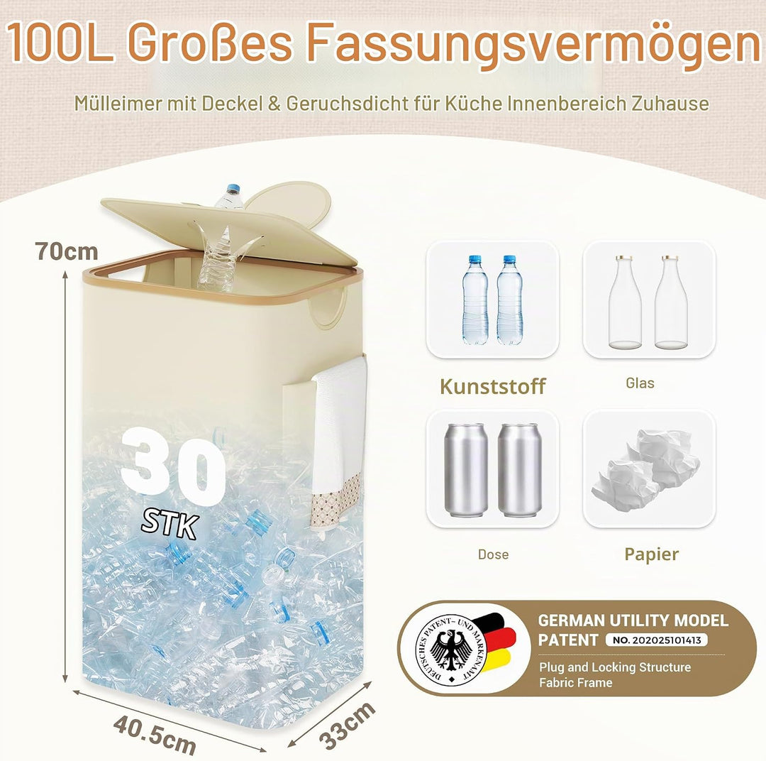 YOUDENOVA 100L Pfandflaschen Sammelbehälter mit Deckel &amp; Geruchsdicht, Mülleimer Küche, Flaschensamm