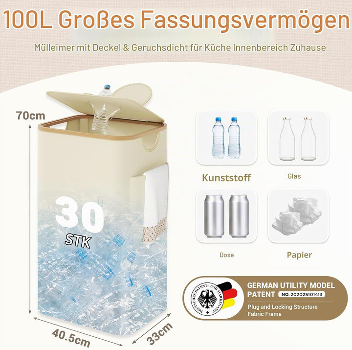 YOUDENOVA 100L Pfandflaschen Sammelbehälter mit Deckel &amp; Geruchsdicht, Mülleimer Küche, Flaschensamm