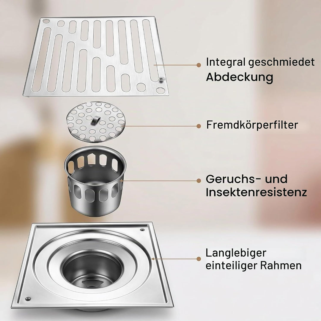 Yosoo Duschablauf quadratisch, Edelstahl, geruchsneutral, für Badezimmer, 150 x 150 mm 150mm*150mm,