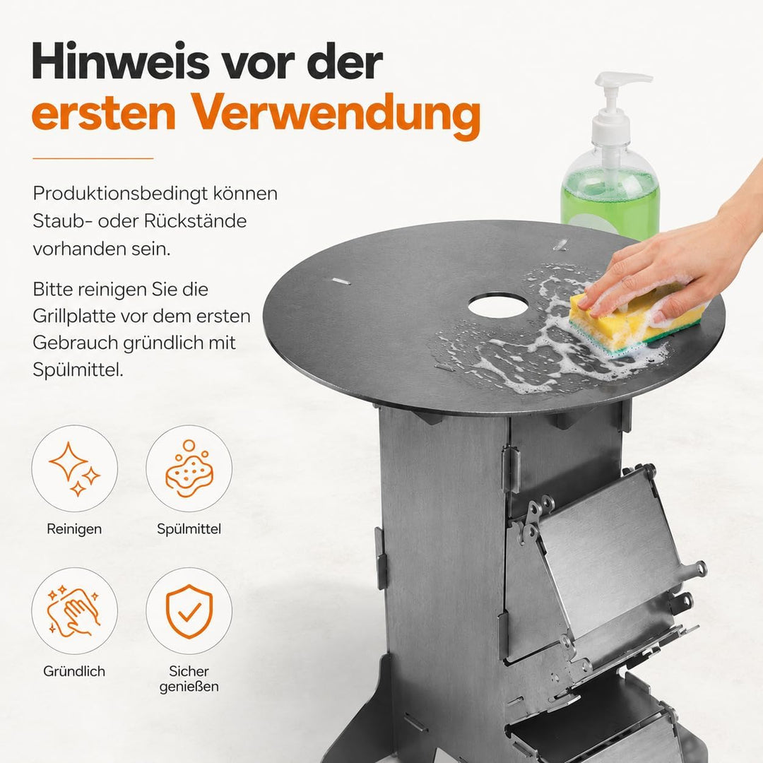 Peviasot Raketenofen mit Grillplatte und Feuerhaken Rocket Stove Outdoor 2 zusätzlichen Standfüssen