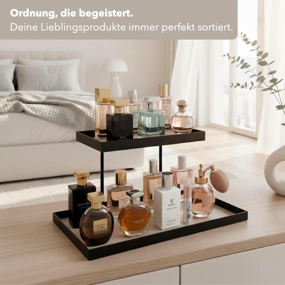 HoldOneLight Parfümregal mit 2 Etagen, Metall und Kunstleder, Moderner Kosmetikorganizer für Parfüms