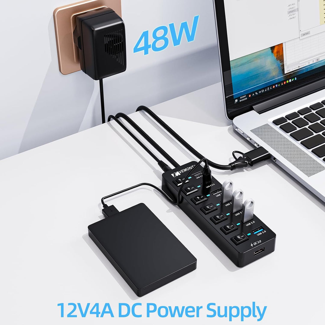 USB 3.2 Hub mit Netzteil, VEMONT 8-Port USB C Hub mit 10Gbps Port &amp; 12V/4A Schwarz 8 Ein Netzteil +