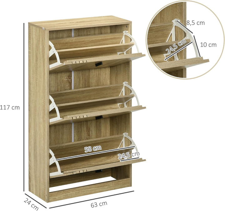 HOMCOM Schuhschrank 3 Klappschubl. 18 Paare Eiche Buchenholz, Buchenholz