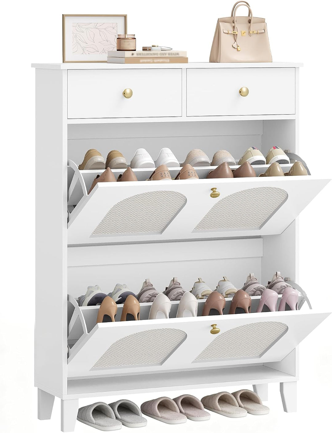Hzuaneri Schuhschrank mit 2 Klappen, Grosser Rattan Schuhschrank Schmal Holz, Trennwand Verstellbar,