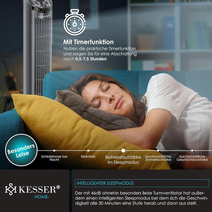 KESSER® Turmventilator mit Fernbedienung | 90° Oszillationswinkel | 3 Stufen | 90 cm |+ Timerfunktio