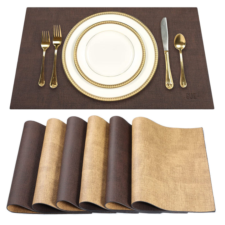 SUEH DESIGN Leder Tischsets 6er Set Tischsets Abwaschbar Lederoptik Platzdeckchen Hitzebeständiges P