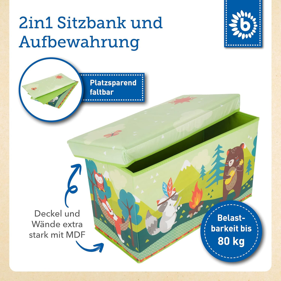 Bieco Aufbewahrungsbox mit Sitzhocker Waldtiere mit Stauraum und Deckel mit Polsterung, 63 L, Grün,