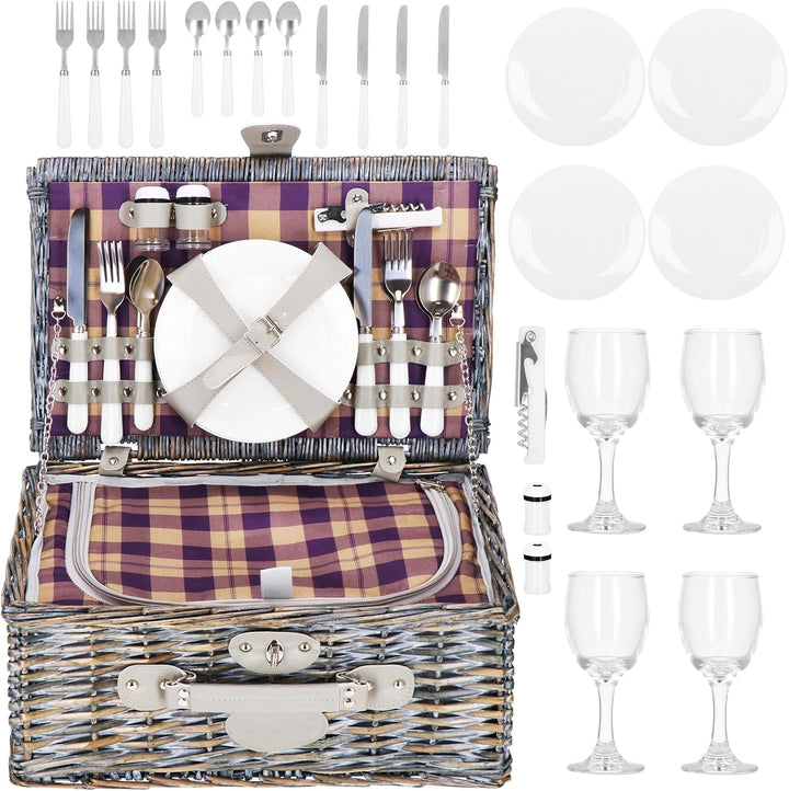SPRINGOS Weiden - Picknickkorb Thermokorb Picknickkoffer mit Kunstlederhenkel Geschirr Set für 4 Per