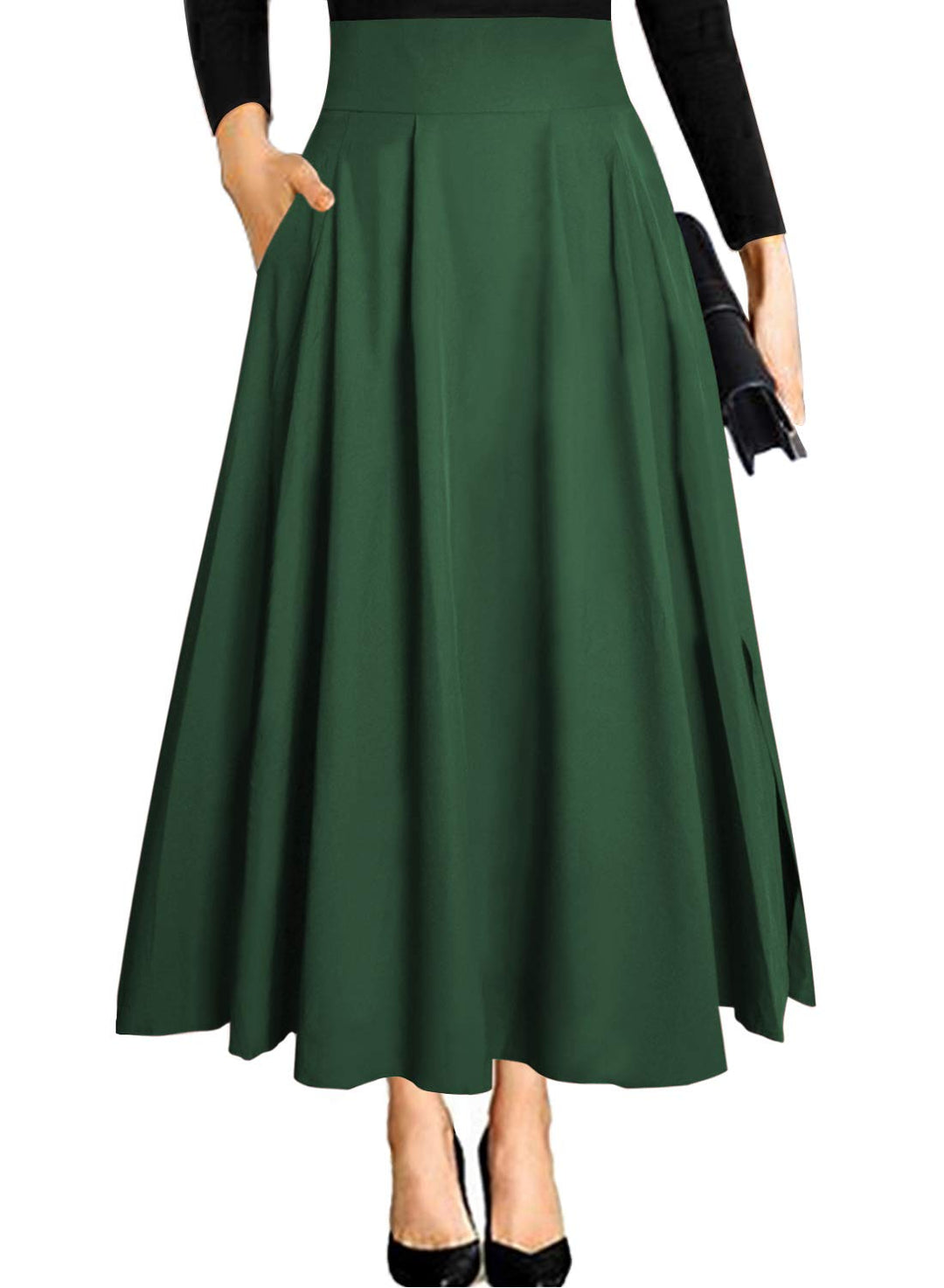 Damen High Waist Maxirock Taschen mit Seitenschlitz Langer A-Linie Rock M 0 Armee Grün, M 0 Armee Gr