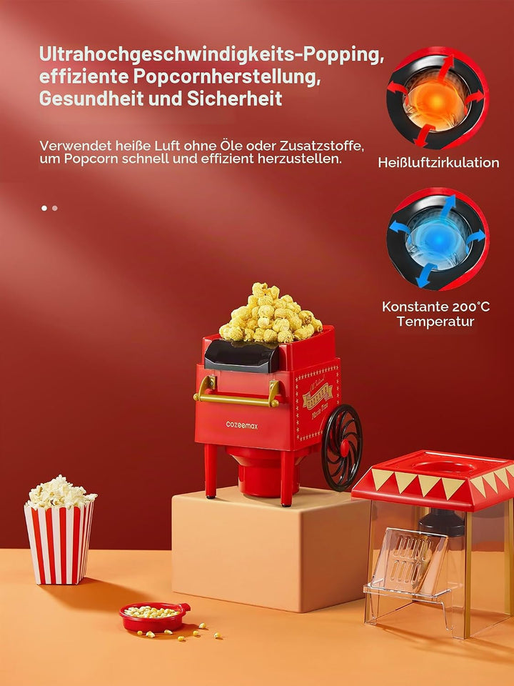 Popcornmaschine Retro, Cozeemax 1200W für Zuhause Popcornmaschine Maker mit Heissluft, Popcorn Machi