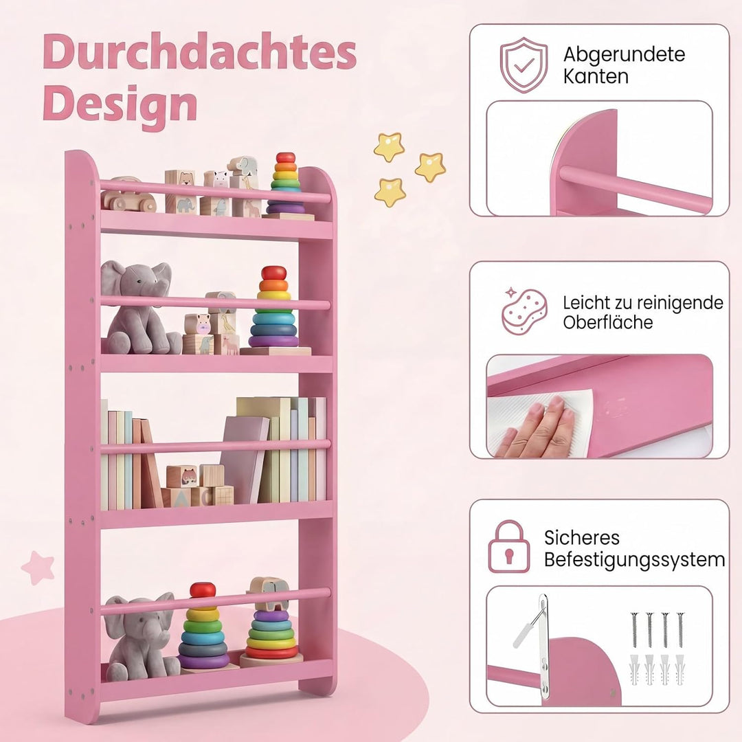 RELAX4LIFE Bücherregal Kinder, Kinderregal Wand mit 4 Fächern, platzsparendes Wandregal, Montessori