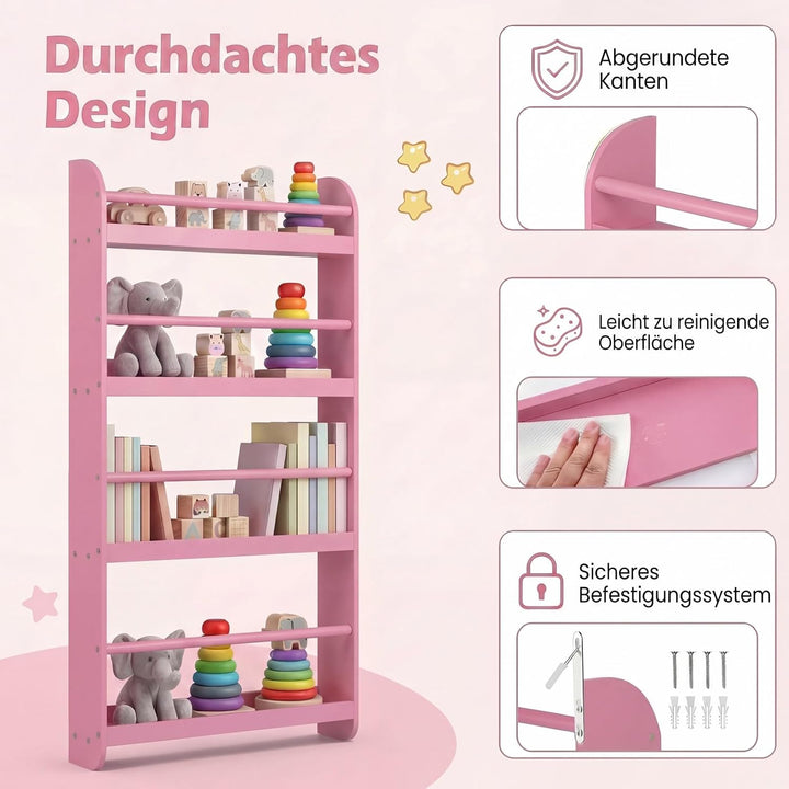 RELAX4LIFE Bücherregal Kinder, Kinderregal Wand mit 4 Fächern, platzsparendes Wandregal, Montessori