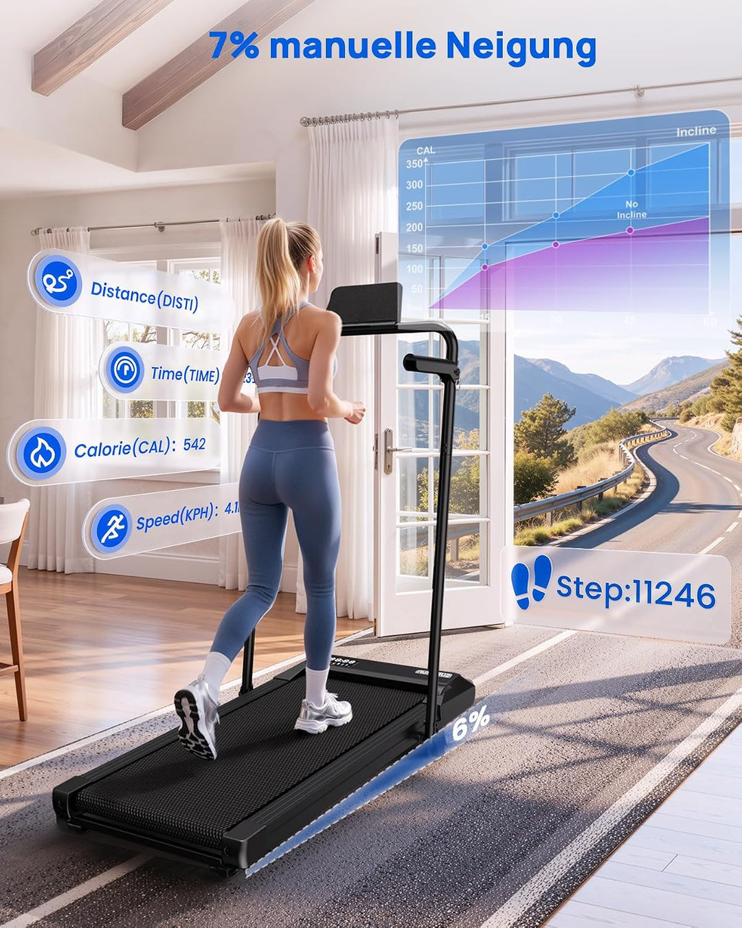 Superun Walking Pad mit Steigung, APP KI-Trainer, leises Büro Laufgerät Graphitschwarz 90cm, Graphit