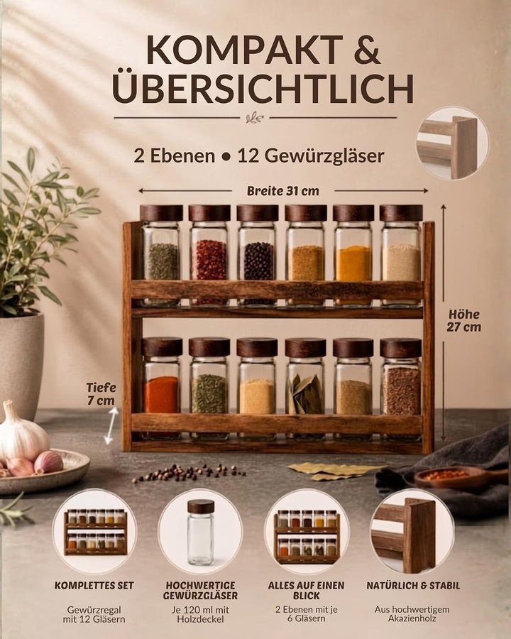 BRICARD Gewürzgläser Set 13-tlg., 12 x 120 ml, Holzdeckel, Akazienholzregal