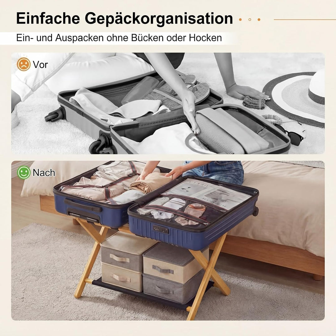 GYMAX Bambus Kofferständer 2er-Set, klappbare Gepäckablage mit Ablage &amp; 5 Nylonschnallen, Gepäckträg