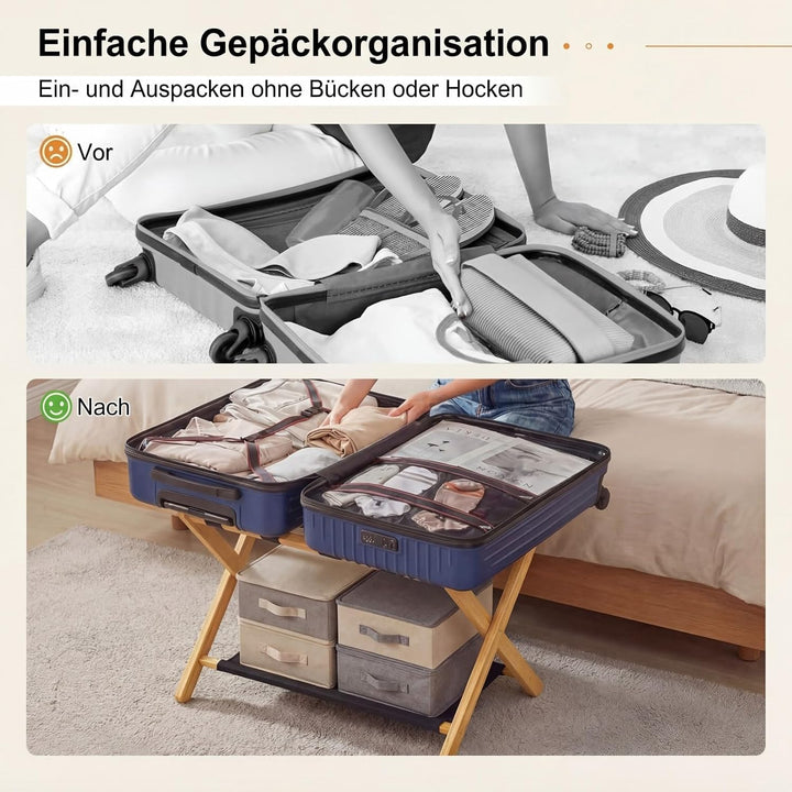 GYMAX Bambus Kofferständer 2er-Set, klappbare Gepäckablage mit Ablage &amp; 5 Nylonschnallen, Gepäckträg