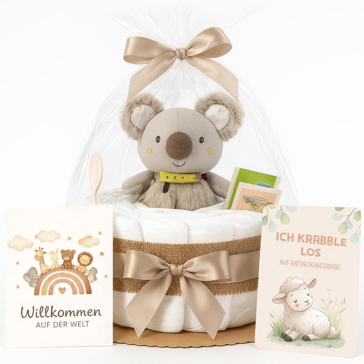 Windeltorte Mädchen &amp; Junge mit Koala Greifling, Boho Vintage Handmade Beige - Boho Koala, Beige - B