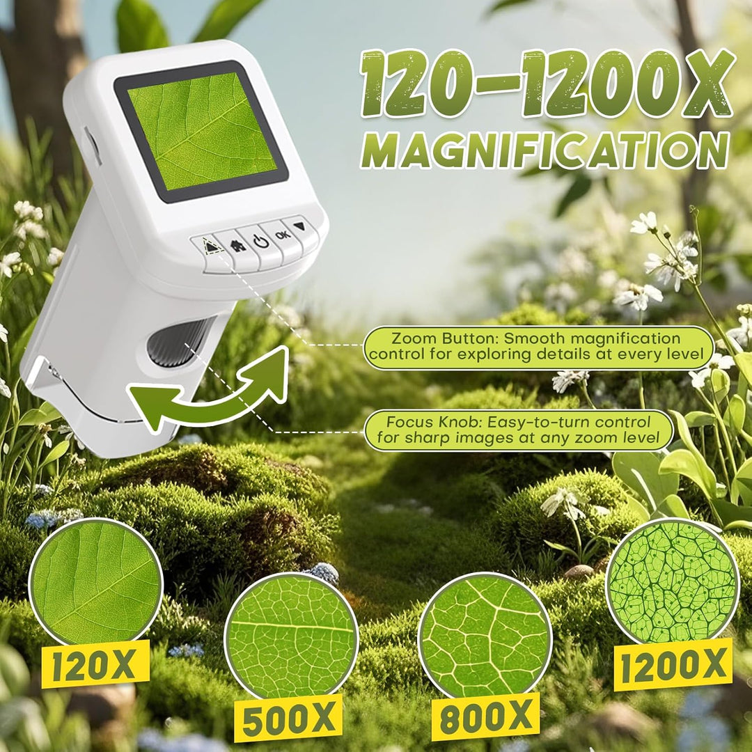 Bostar Mikroskop für Kinder 120-1200X mit Ständer/38 Sammelkarten/5 Folien, 2-in-1 2,0" IPS Bildschi