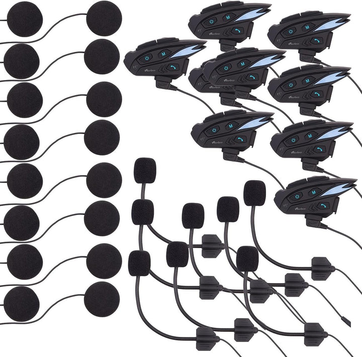 NavGear Motorrad-Helm-Headset: 8er-Set Motorrad-Intercom-Systeme für bis zu 8 Personen, 2.000 m (Hal