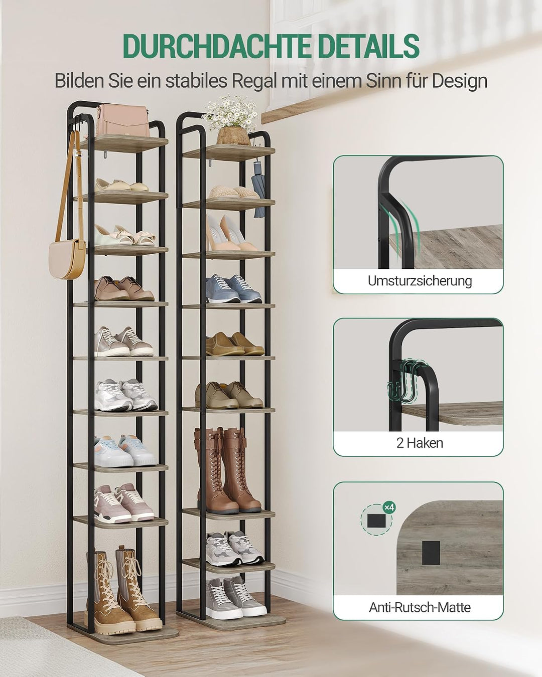 Hzuaneri Vertikales Schuhregal, 10-Stöckige Schuhregale, Schuhturm für Kleine Räume, Freistehend, Ve
