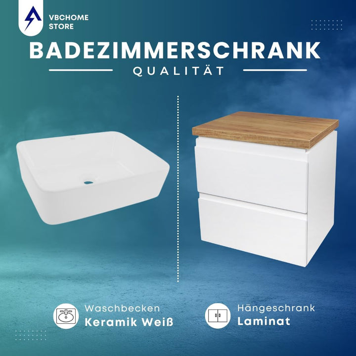 VBChome Badmöbel 50x40 cm Weiss Aufsatzwaschbecken ohne Hahnloch 48x37 cm Aufsatzwaschtisch Waschbec