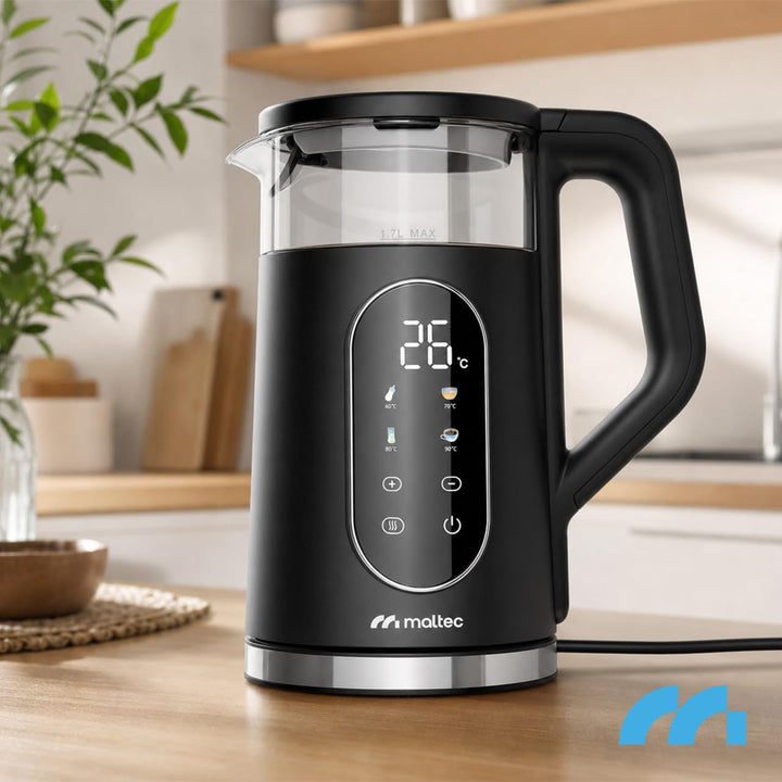 MalTec Wasserkocher Glas 1,7L 2200W mit Temperaturwahl Keep Warm LED