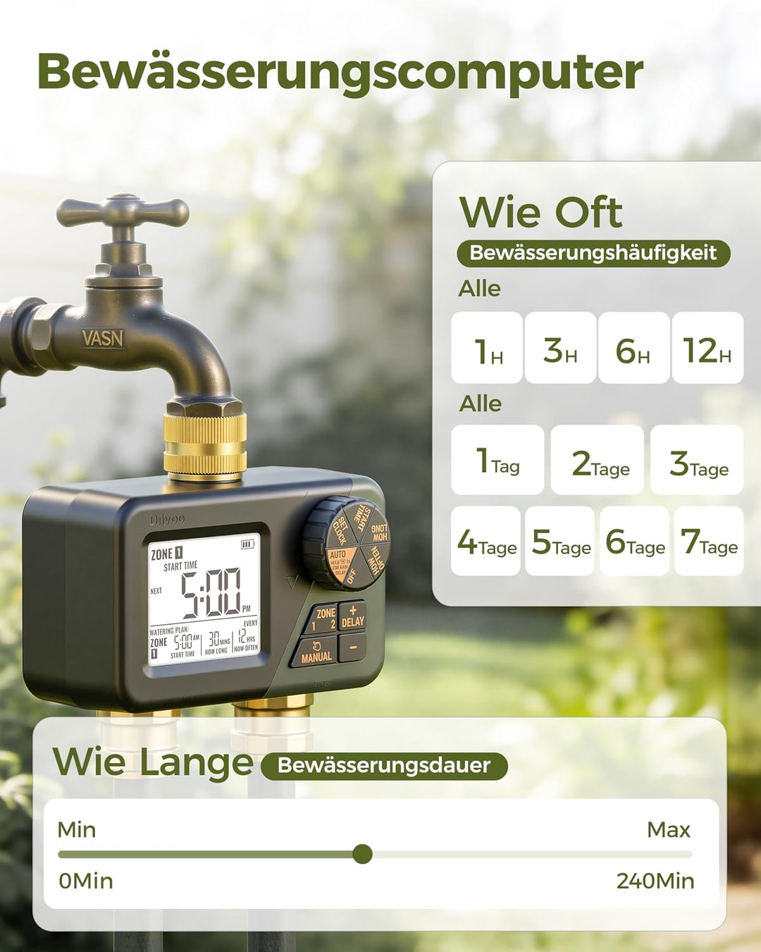 Diivoo Bewässerungscomputer 2 Ausgänge, Programmierbare Wasserschlauch Timer 2 Outlet für Garten, Ou