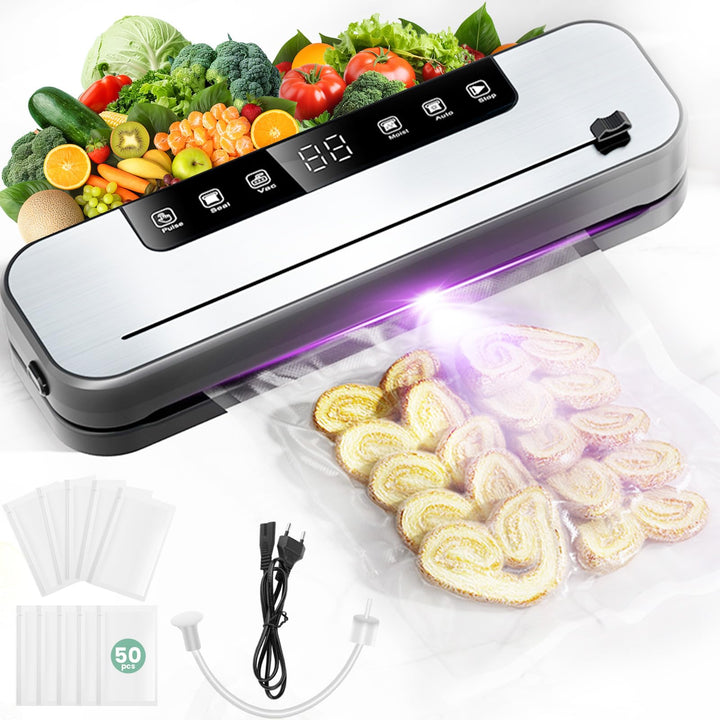 6-in-1 Vakuumiergerät, Vakuumierer Profi für Lebensmittel mit 50 Vakuumierbeutel und 1 Schlauch für