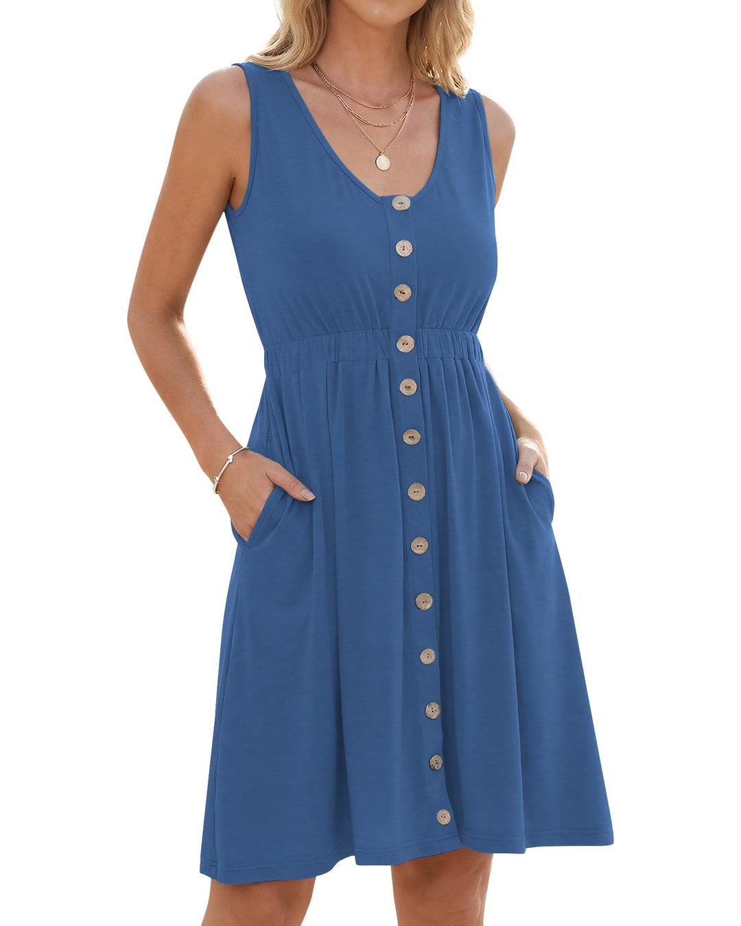 AUSELILY Sommerkleid Damen Ärmellos V-Ausschnitt Minikeid Casual Button Down Strandkleid mit Taschen