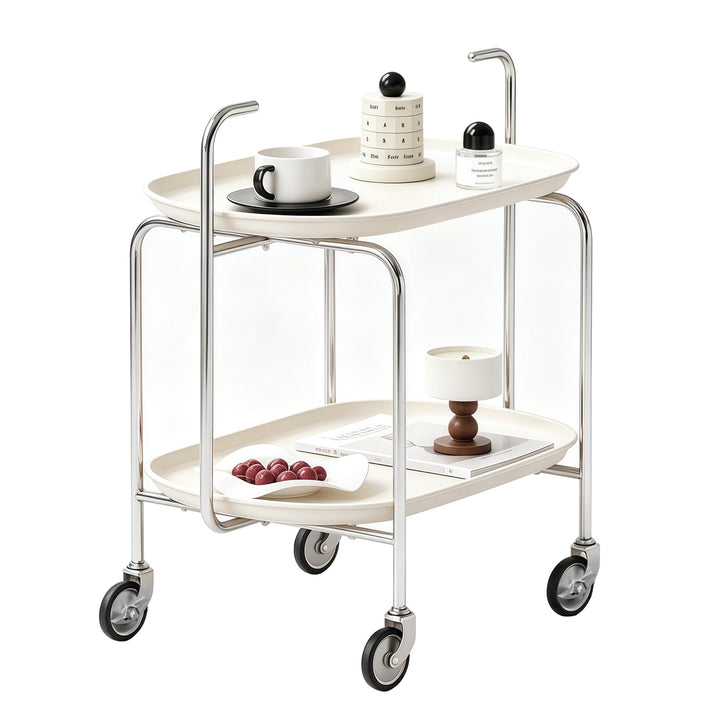 Servierwagen mit 2 Ablageebenen, 65x40x70 cm, Beige Runder Servierwagen mit Rollen, Runder Servierwa