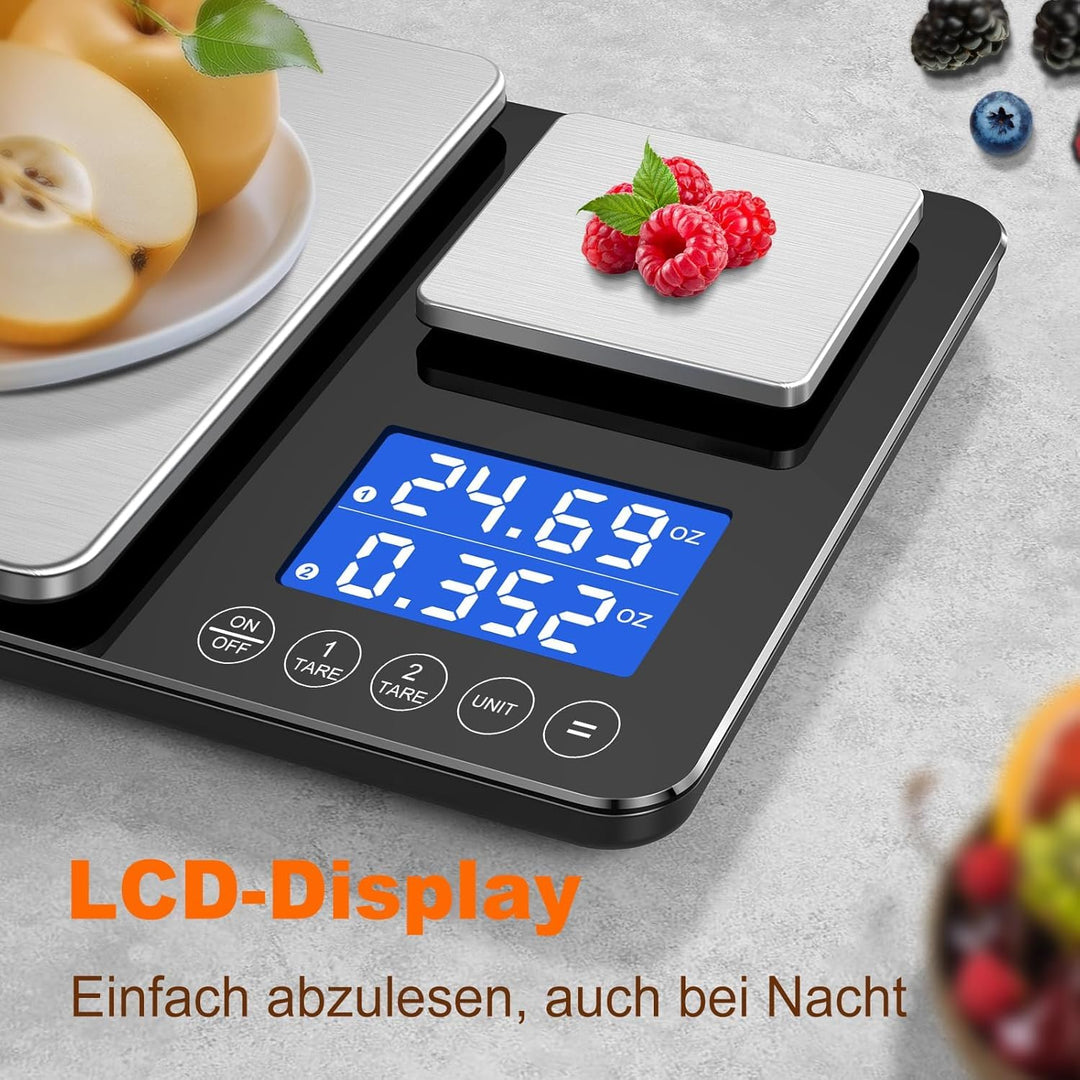 Küchenwaage Digital,Digitale KüChen mit 2 Plattformen 15kg/1g &amp; 500g/0.01g Feinwaage mit 7/6 Einheit