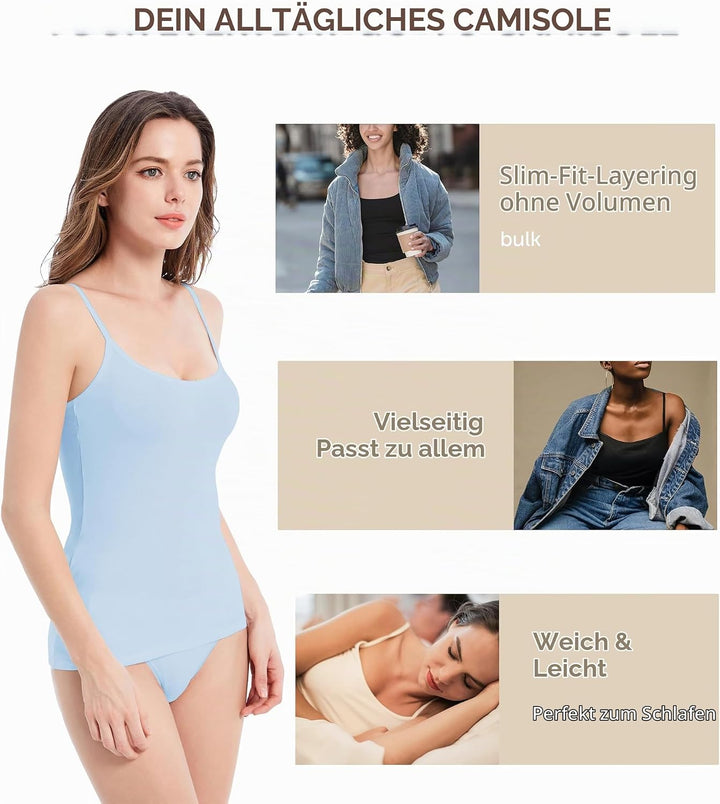 Comfneat Damen 4-Pack Spaghetti Tops Slim-Fit Verstellbare Träger Camisole Baumwolle Elasthan Unterh