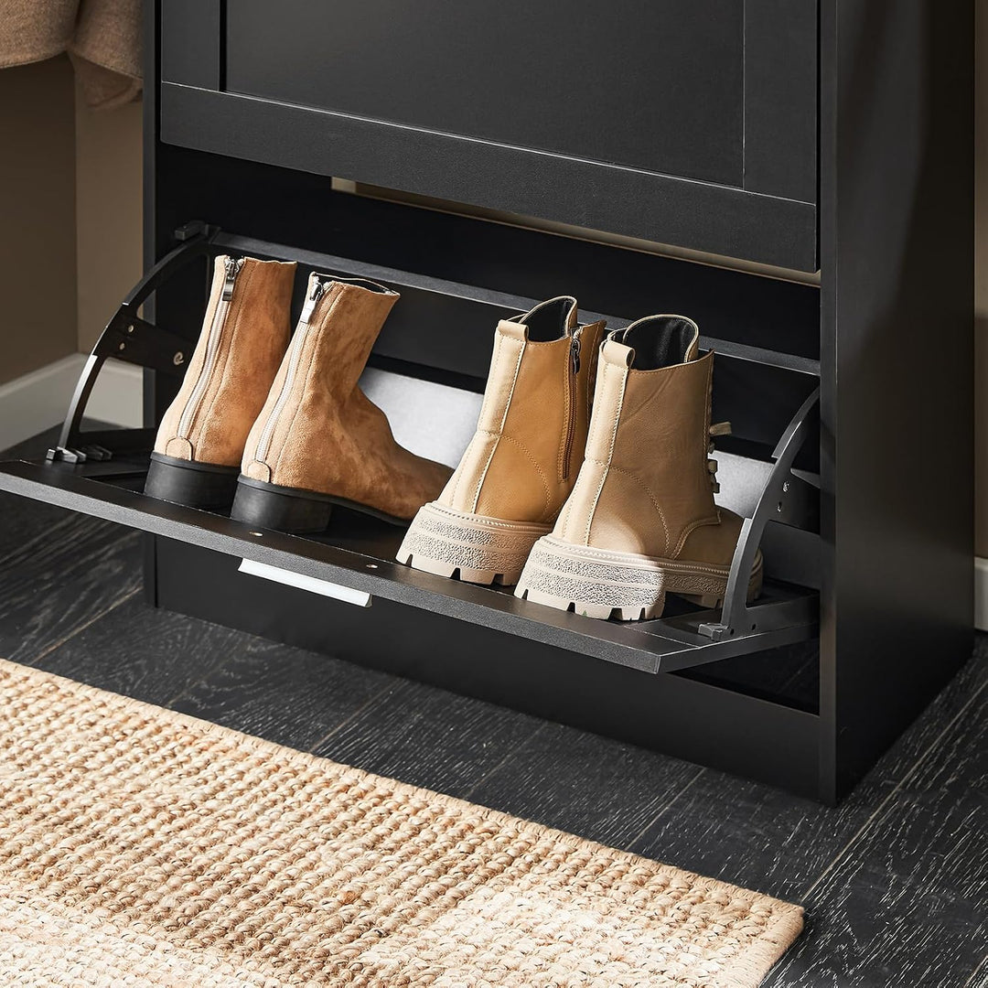 SoBuy Schuhschrank schmal mit 2 Klappen 60x80x25cm für Flur Schwarz Schuhregal - 2 Klappen, Schwarz