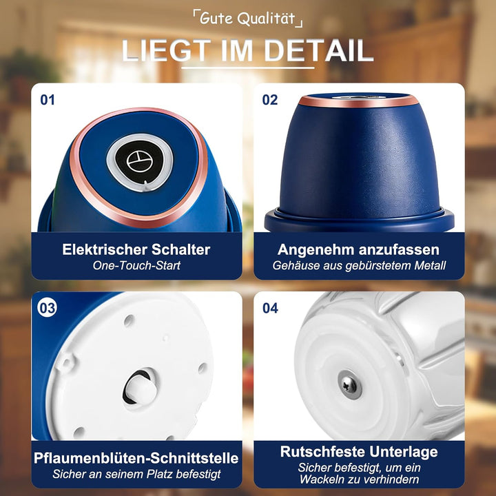 Zerkleinerer Küche Elektrisch 350 ml Glasbehälter, Zwiebel Zerkleinerer Elektrisch mit 6 Edelstahlkl