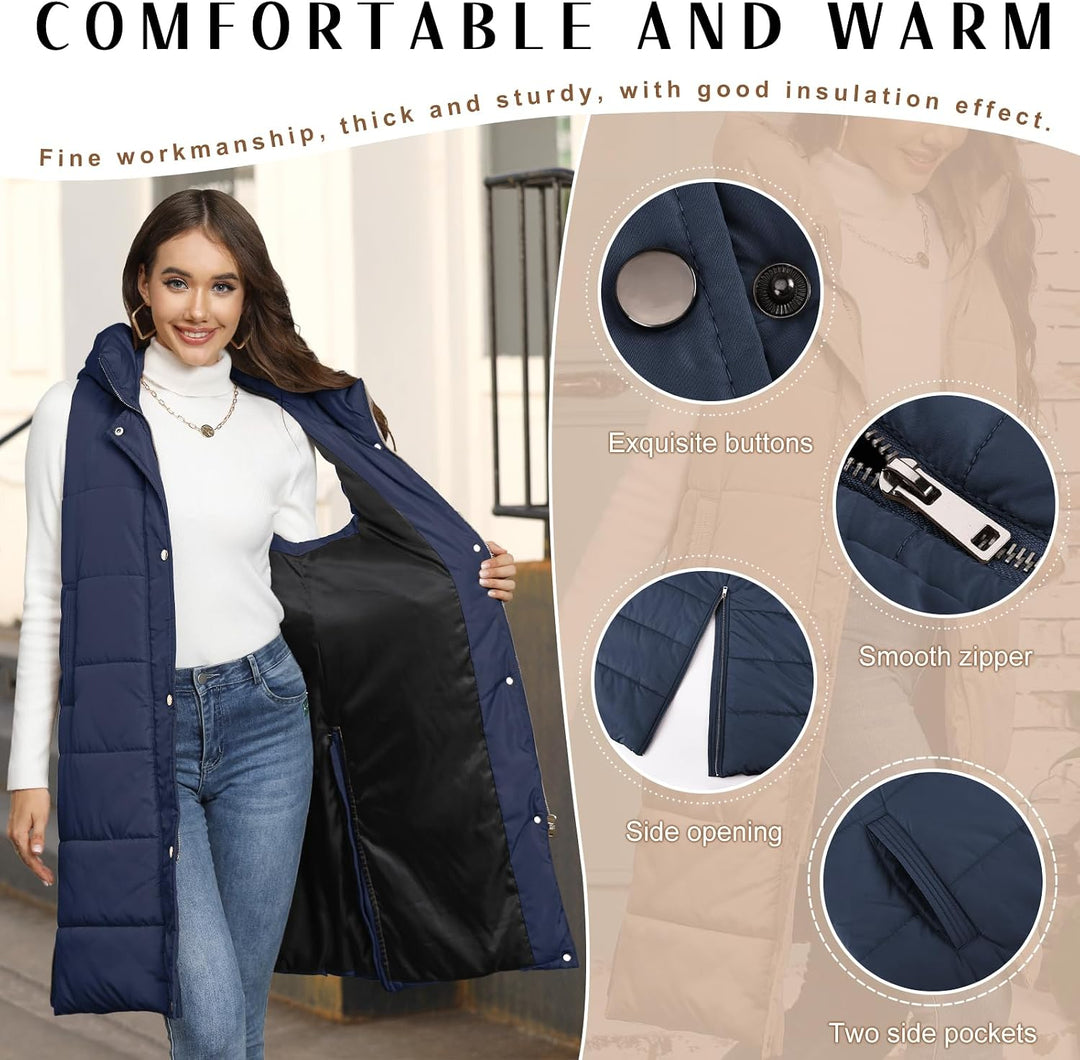Yuson Girl Lange Jacke Weste für Damen Ärmellose Kapuzenweste Steppweste Damen Lang Winteroberbeklei