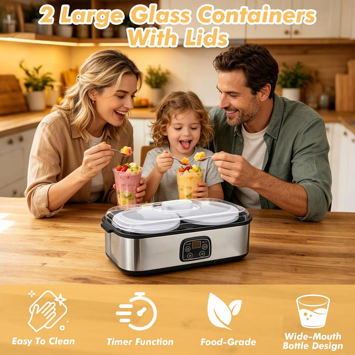 Joghurtbereiter 2L Joghurtmaschine mit 2 Gläsern Automatischer Joghurt Maker mit Temperatursteuerung